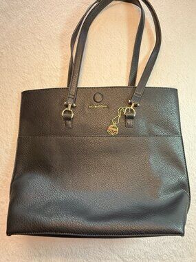 Big Buddha Black Tote Shoulder Bag, Vegan Leather, Flower Charm